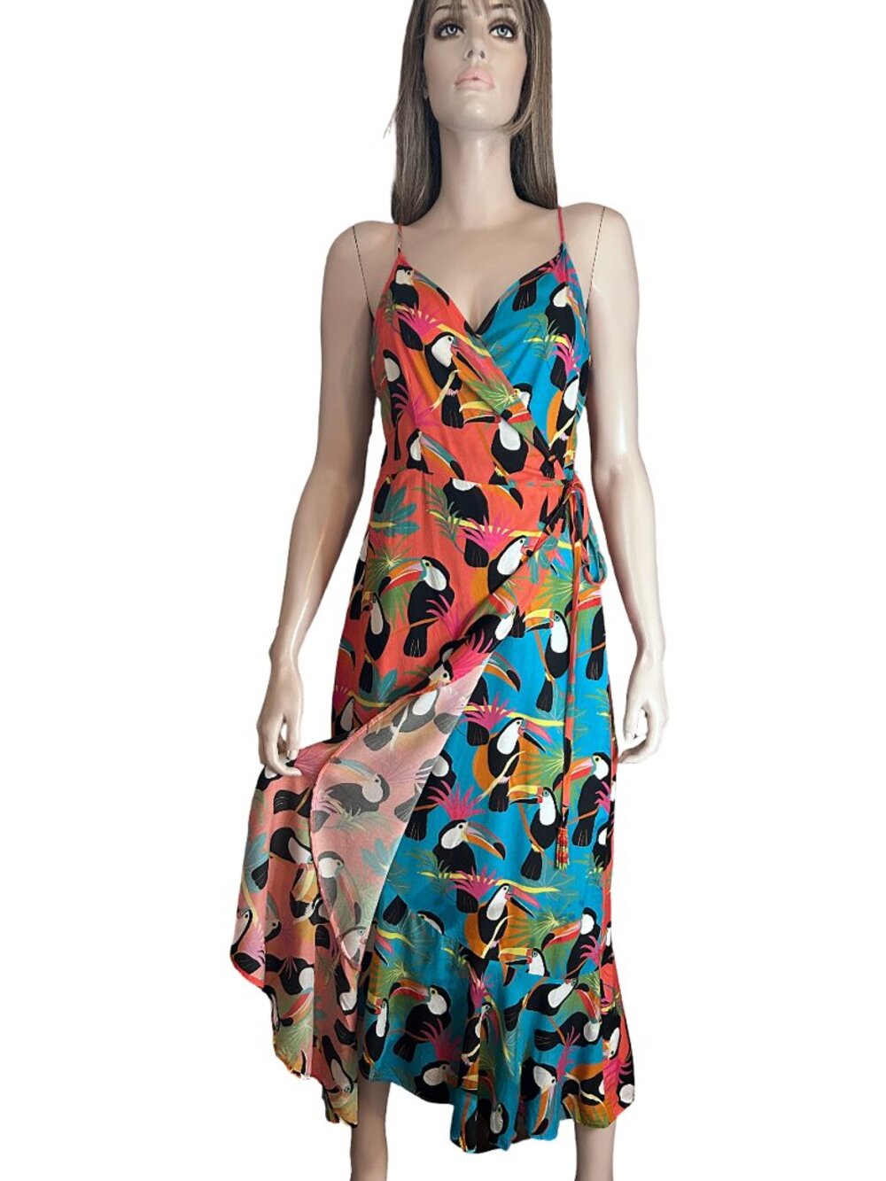 Anthropologie Farm Rio Toucon Wrap Maxi Dress Rayon Flounce Sleeveless - Picture 2 of 15